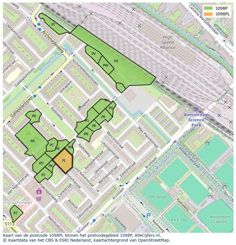 Afbeelding van het postcodegebied 1098 PL op de kaart.