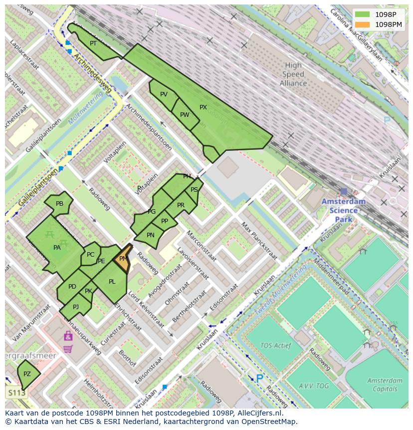 Afbeelding van het postcodegebied 1098 PM op de kaart.