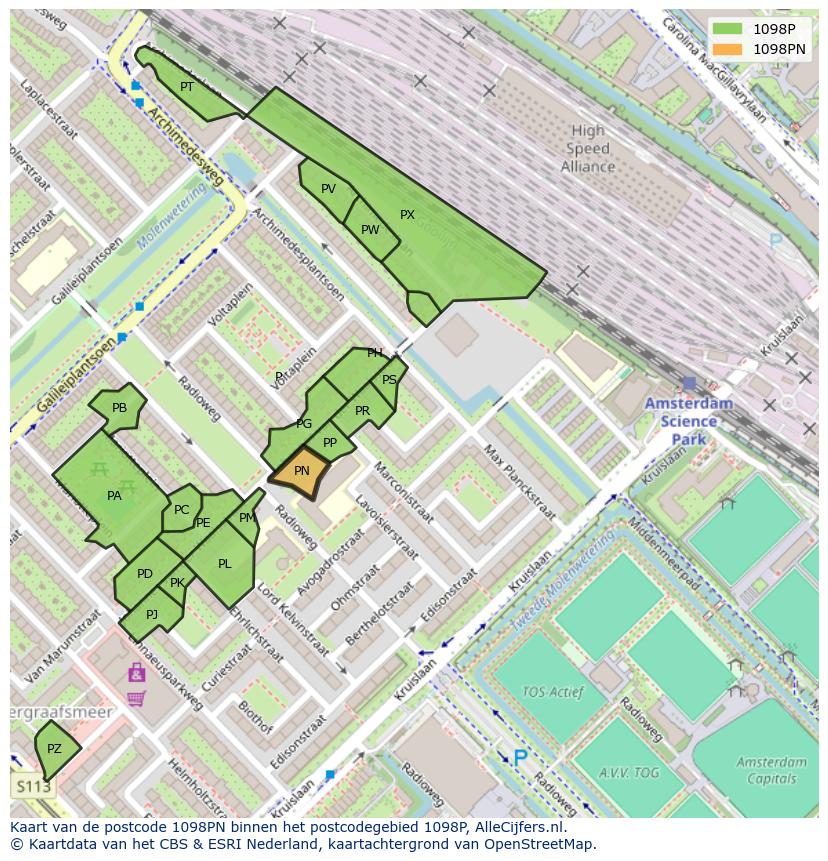 Afbeelding van het postcodegebied 1098 PN op de kaart.