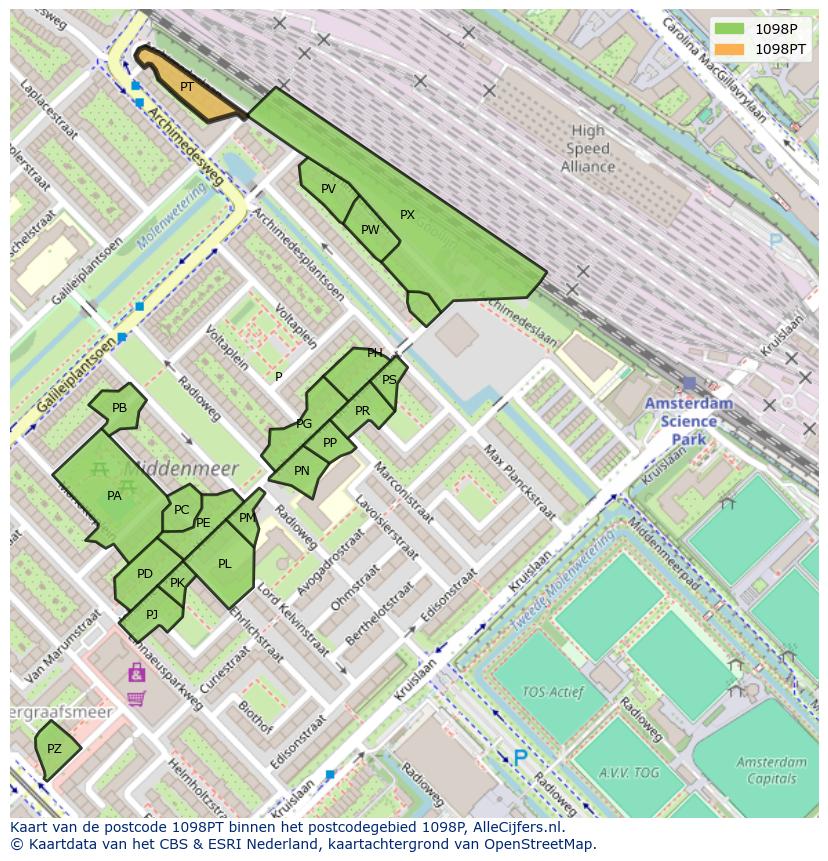 Afbeelding van het postcodegebied 1098 PT op de kaart.