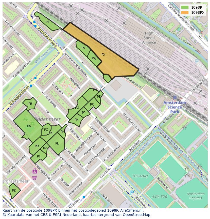 Afbeelding van het postcodegebied 1098 PX op de kaart.