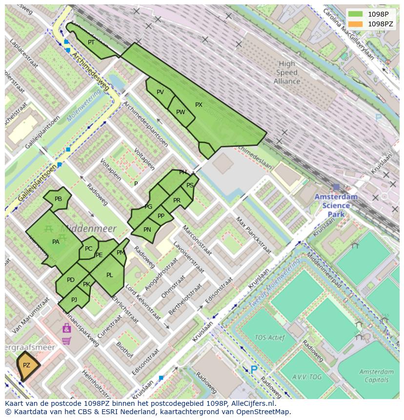 Afbeelding van het postcodegebied 1098 PZ op de kaart.