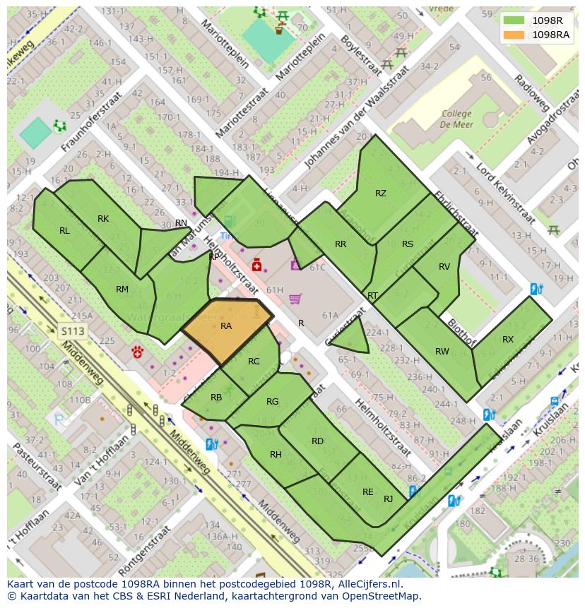 Afbeelding van het postcodegebied 1098 RA op de kaart.