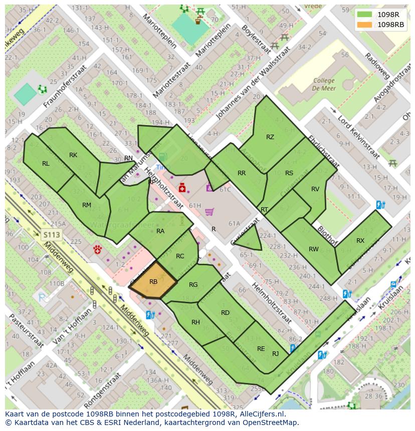 Afbeelding van het postcodegebied 1098 RB op de kaart.