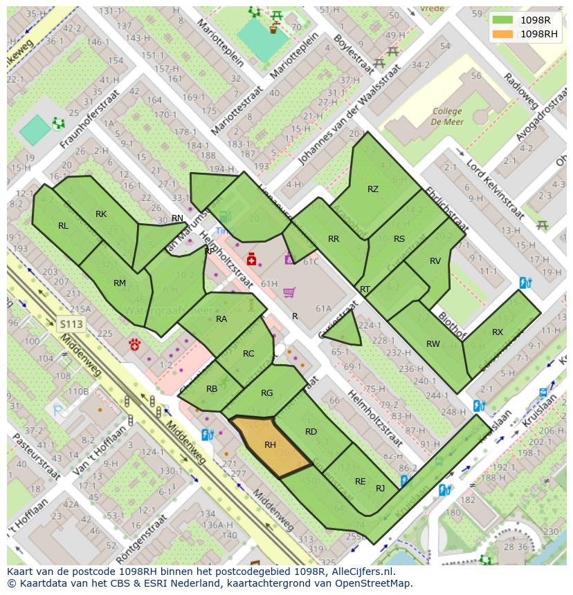 Afbeelding van het postcodegebied 1098 RH op de kaart.