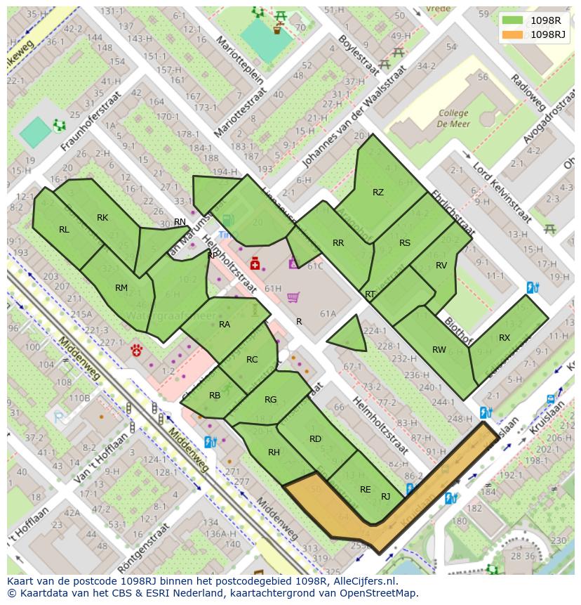 Afbeelding van het postcodegebied 1098 RJ op de kaart.
