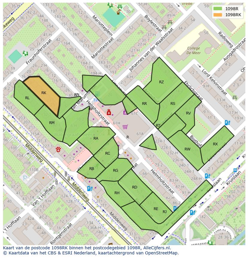 Afbeelding van het postcodegebied 1098 RK op de kaart.