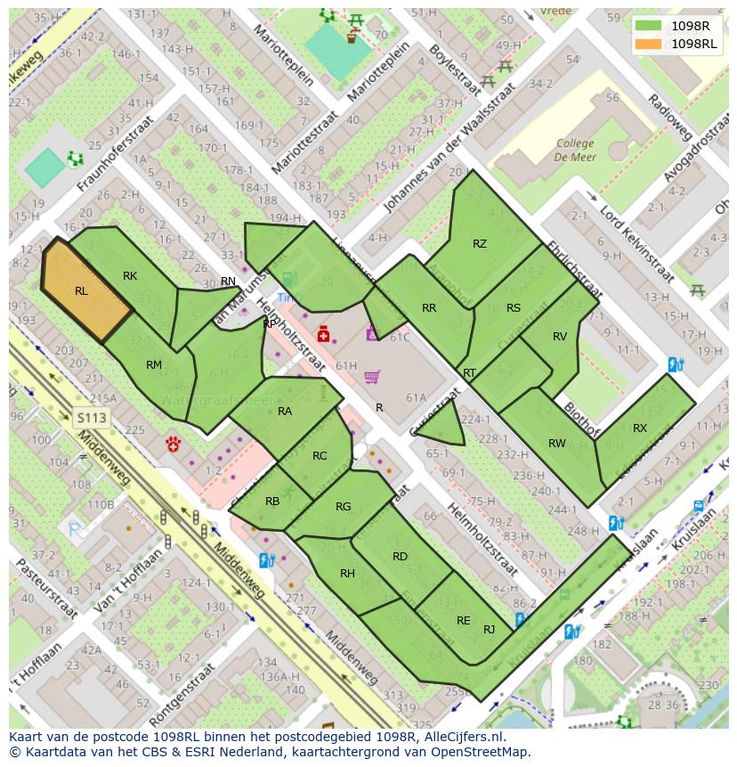 Afbeelding van het postcodegebied 1098 RL op de kaart.