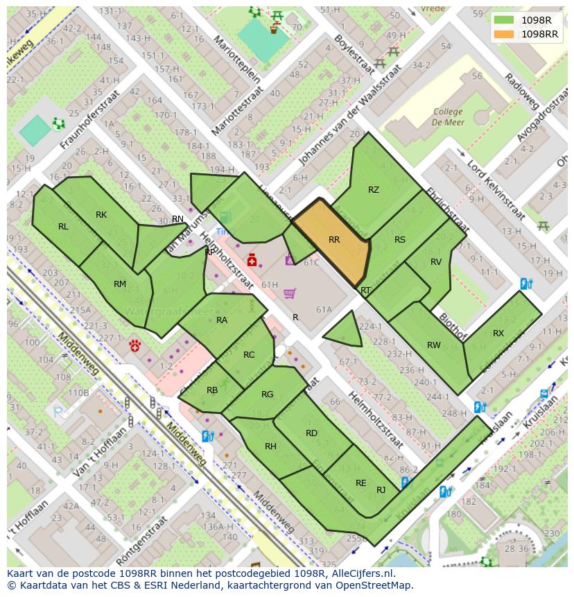 Afbeelding van het postcodegebied 1098 RR op de kaart.