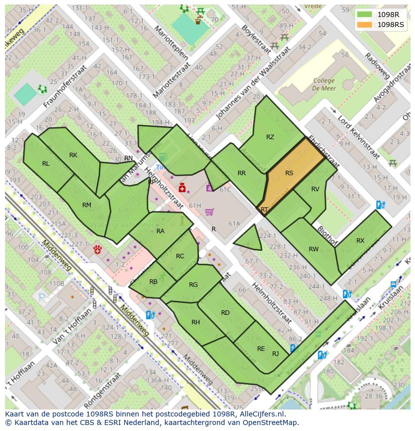 Afbeelding van het postcodegebied 1098 RS op de kaart.