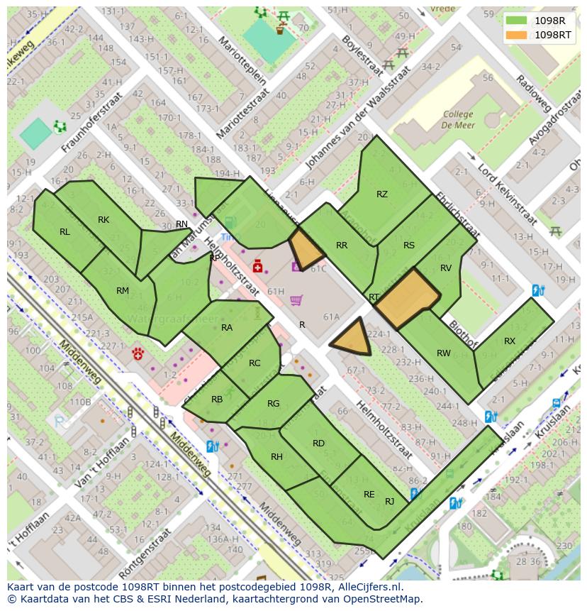 Afbeelding van het postcodegebied 1098 RT op de kaart.