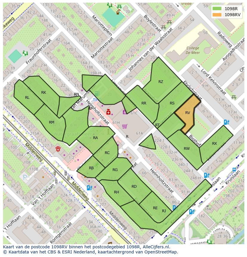 Afbeelding van het postcodegebied 1098 RV op de kaart.