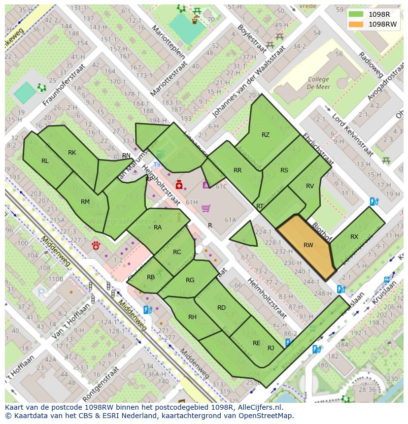 Afbeelding van het postcodegebied 1098 RW op de kaart.