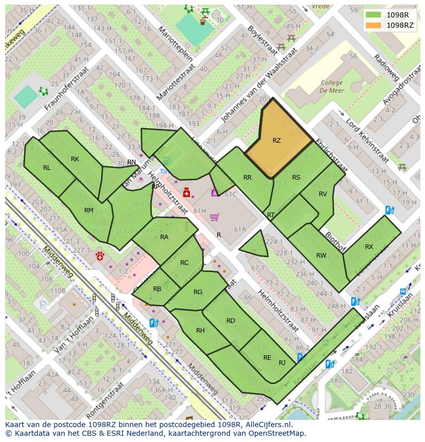 Afbeelding van het postcodegebied 1098 RZ op de kaart.