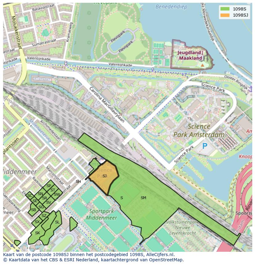 Afbeelding van het postcodegebied 1098 SJ op de kaart.