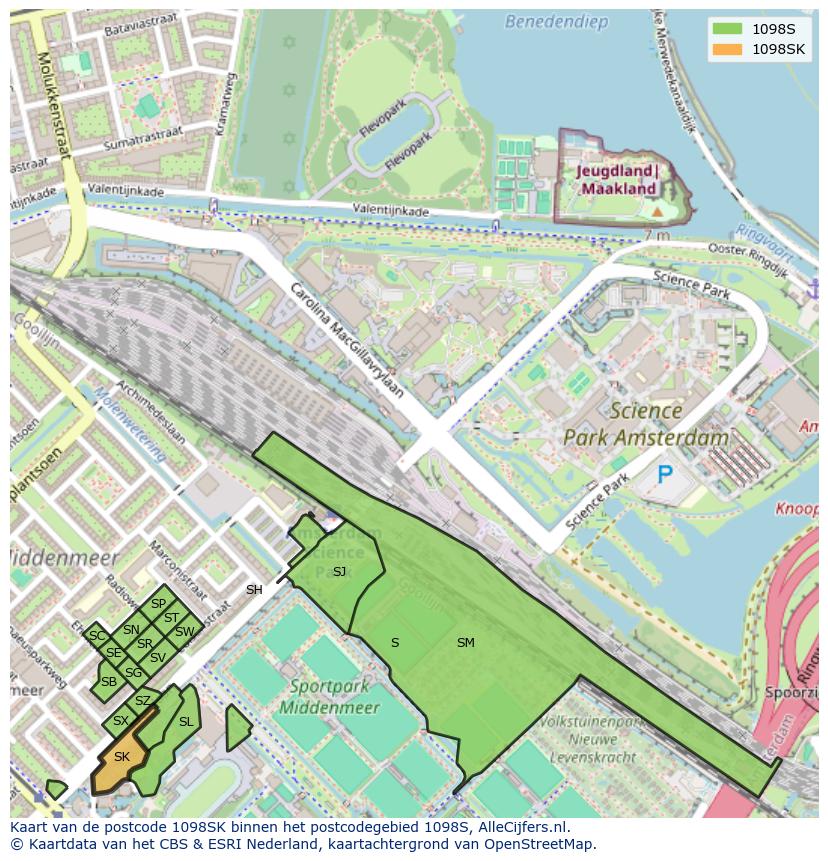 Afbeelding van het postcodegebied 1098 SK op de kaart.
