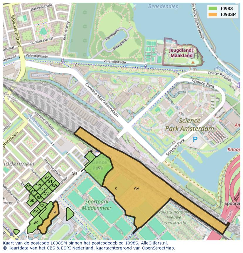 Afbeelding van het postcodegebied 1098 SM op de kaart.