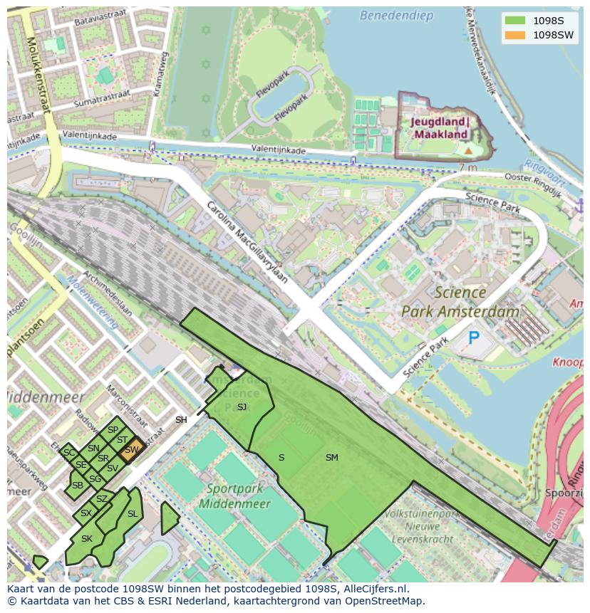 Afbeelding van het postcodegebied 1098 SW op de kaart.