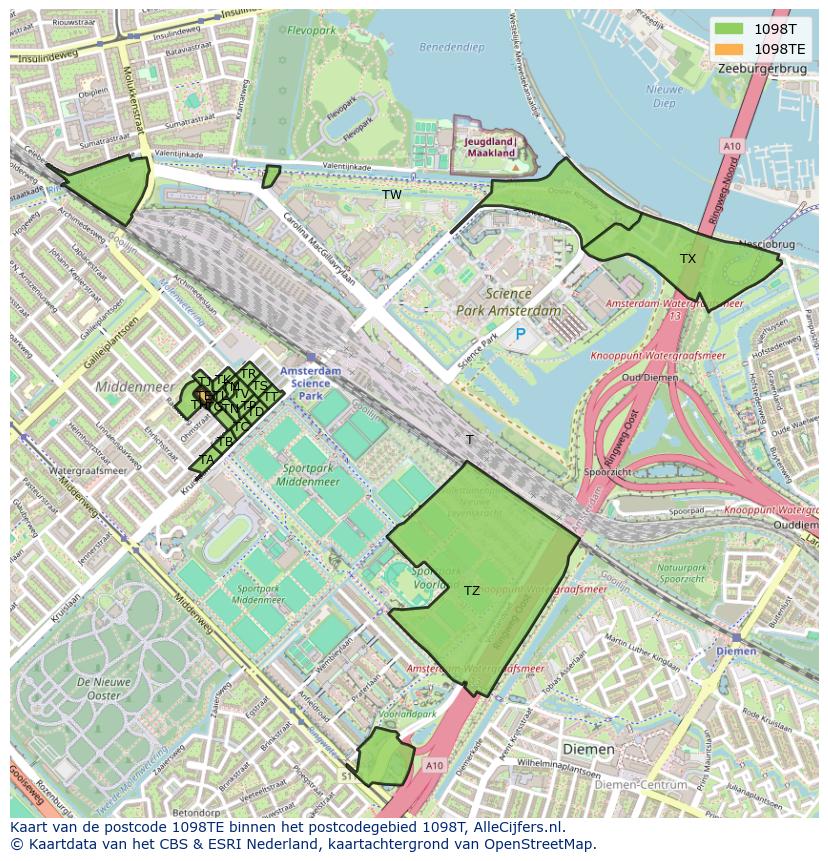 Afbeelding van het postcodegebied 1098 TE op de kaart.