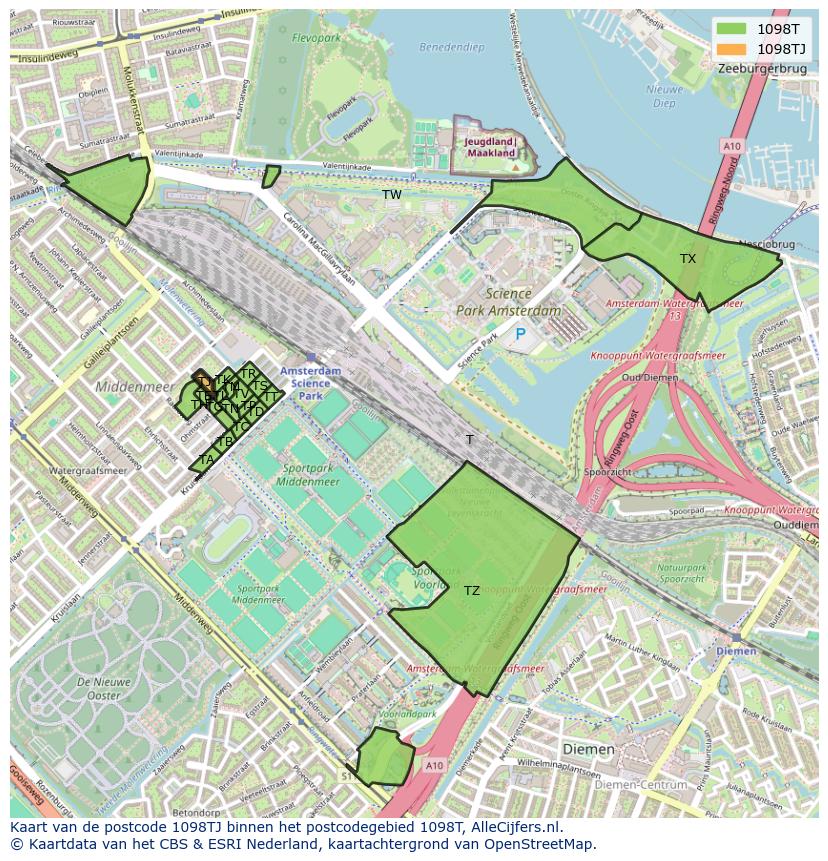 Afbeelding van het postcodegebied 1098 TJ op de kaart.