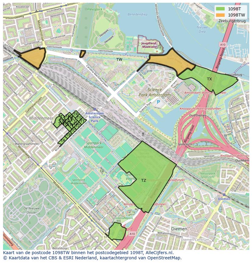 Afbeelding van het postcodegebied 1098 TW op de kaart.