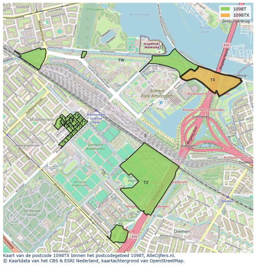 Afbeelding van het postcodegebied 1098 TX op de kaart.