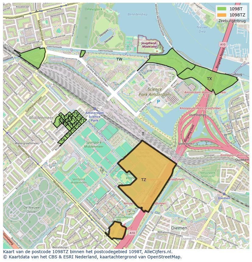 Afbeelding van het postcodegebied 1098 TZ op de kaart.