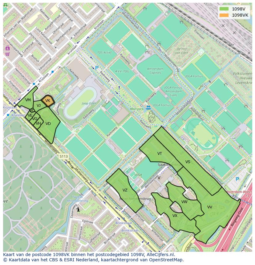 Afbeelding van het postcodegebied 1098 VK op de kaart.