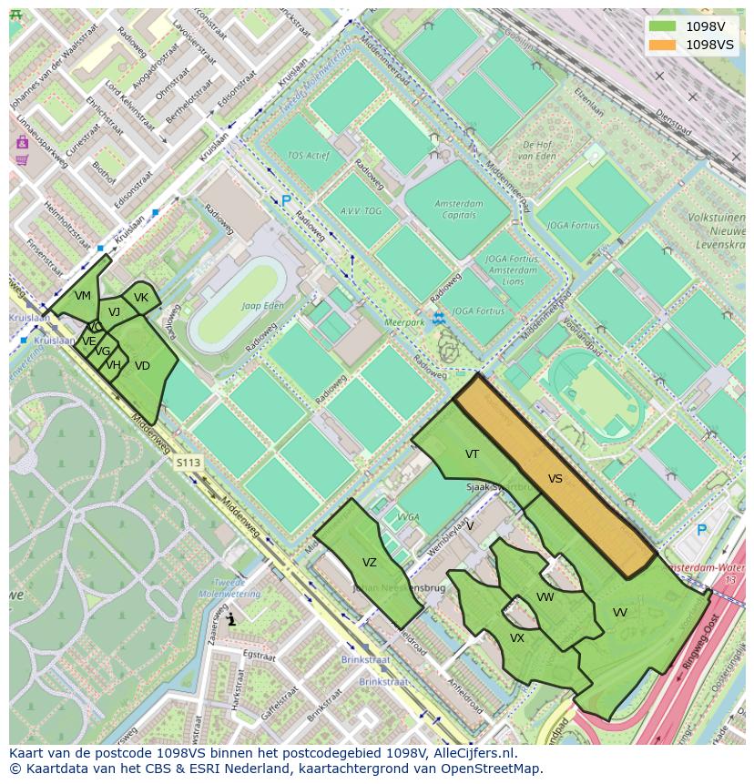 Afbeelding van het postcodegebied 1098 VS op de kaart.