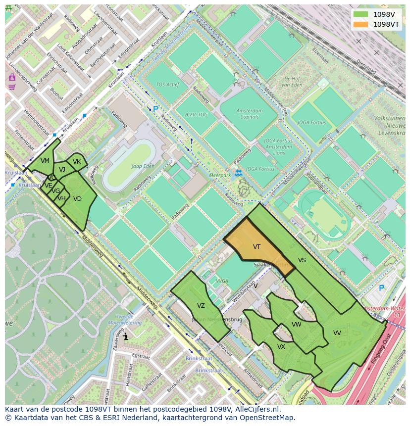 Afbeelding van het postcodegebied 1098 VT op de kaart.
