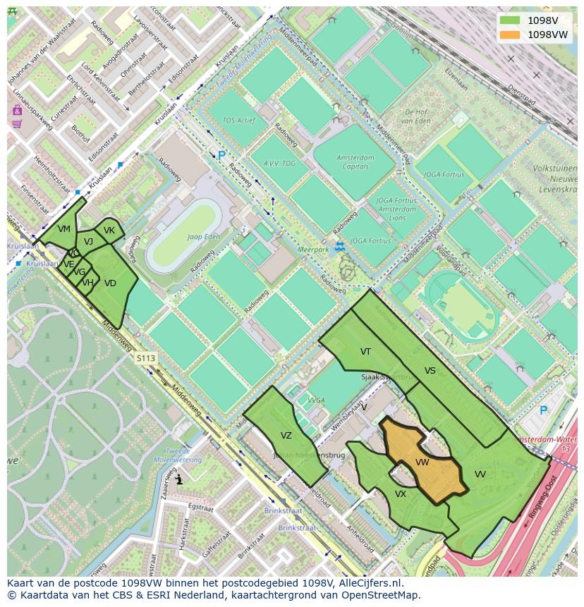 Afbeelding van het postcodegebied 1098 VW op de kaart.