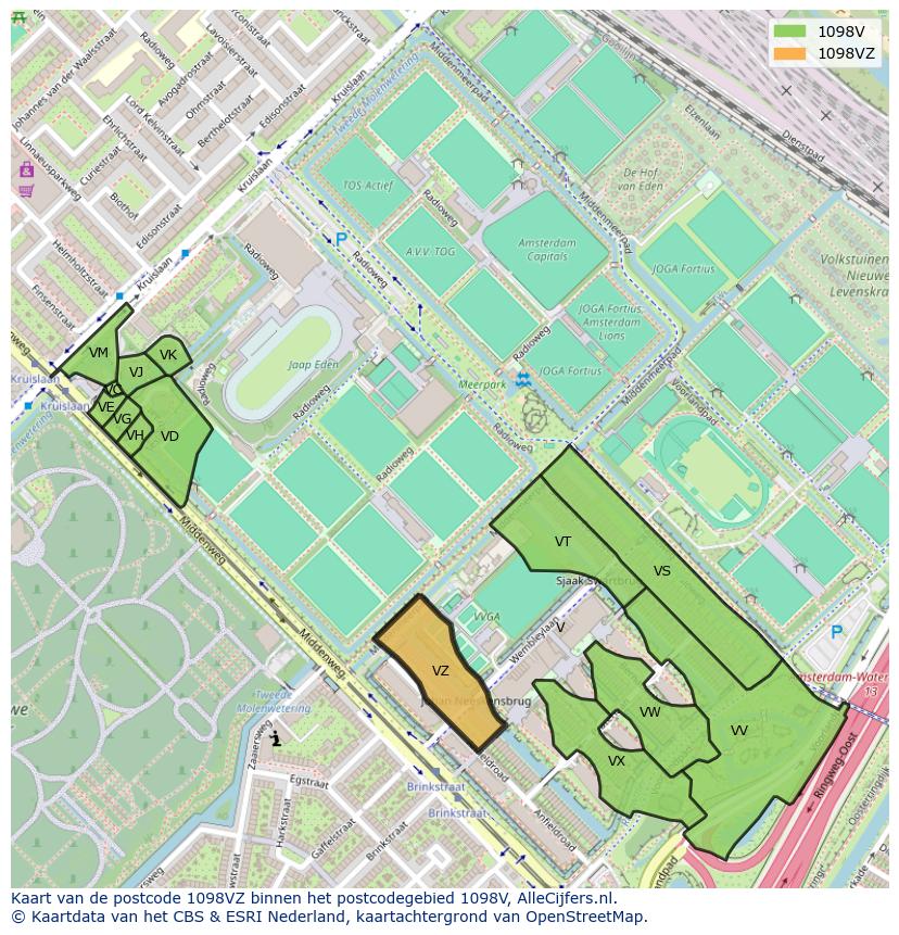 Afbeelding van het postcodegebied 1098 VZ op de kaart.