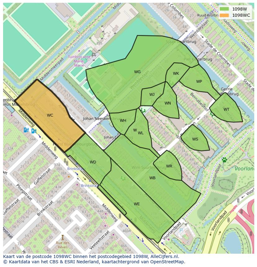 Afbeelding van het postcodegebied 1098 WC op de kaart.