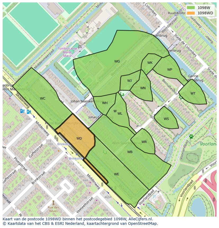 Afbeelding van het postcodegebied 1098 WD op de kaart.