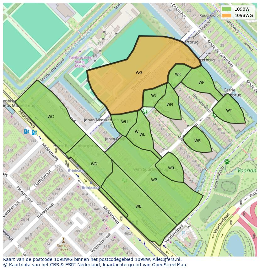 Afbeelding van het postcodegebied 1098 WG op de kaart.