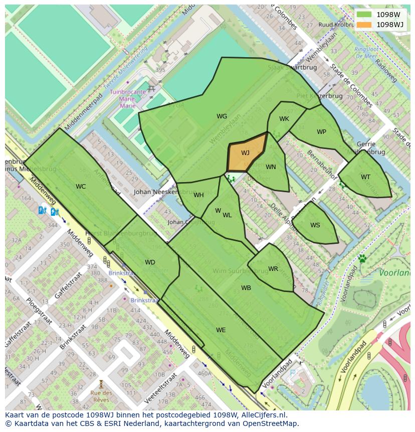 Afbeelding van het postcodegebied 1098 WJ op de kaart.