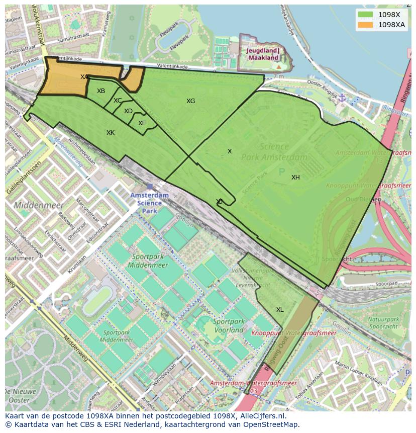 Afbeelding van het postcodegebied 1098 XA op de kaart.
