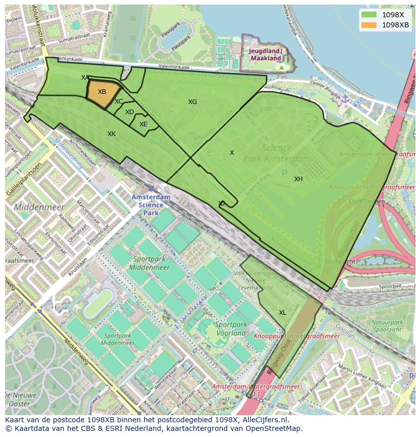 Afbeelding van het postcodegebied 1098 XB op de kaart.