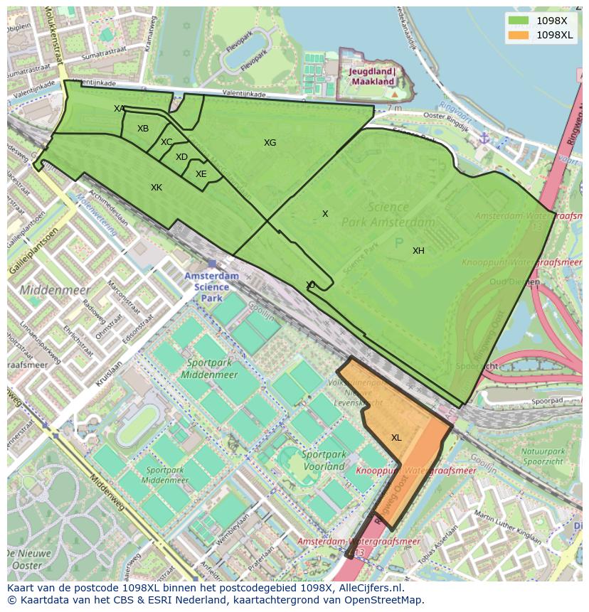 Afbeelding van het postcodegebied 1098 XL op de kaart.