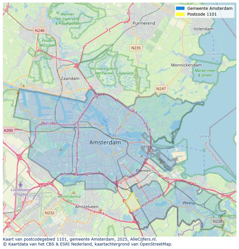 Afbeelding van het postcodegebied 1101 op de kaart.