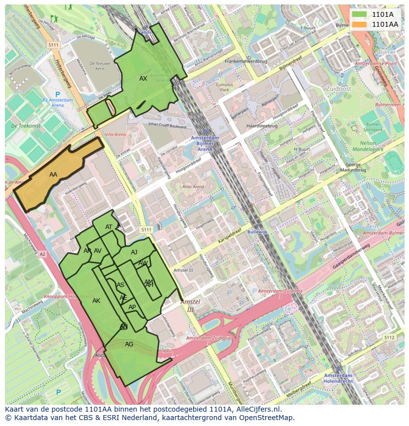 Afbeelding van het postcodegebied 1101 AA op de kaart.