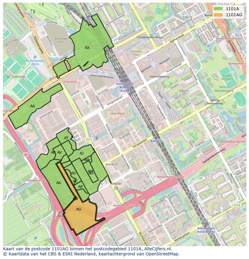 Afbeelding van het postcodegebied 1101 AG op de kaart.