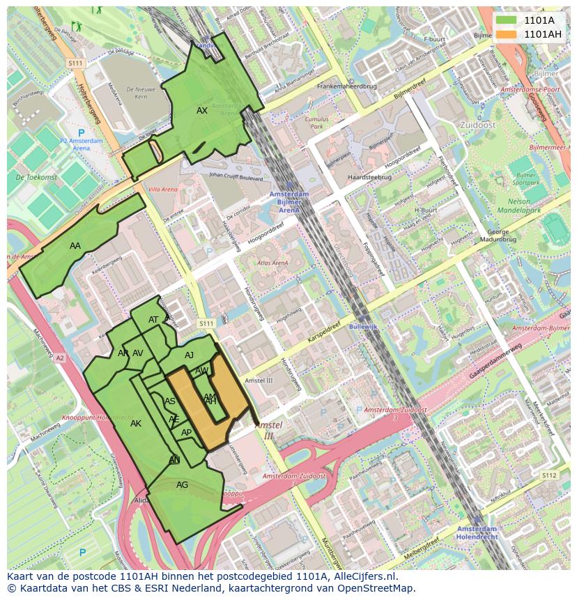 Afbeelding van het postcodegebied 1101 AH op de kaart.