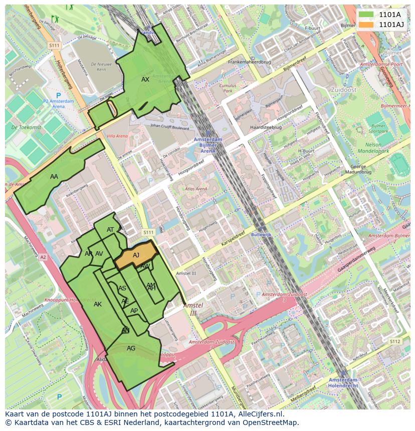Afbeelding van het postcodegebied 1101 AJ op de kaart.