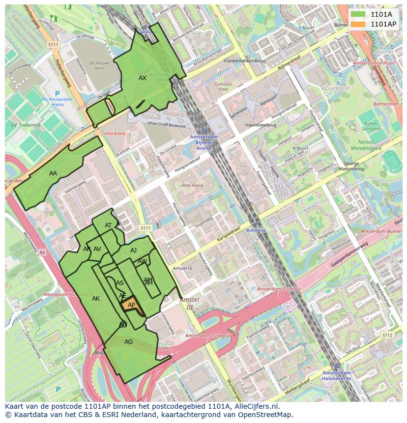 Afbeelding van het postcodegebied 1101 AP op de kaart.