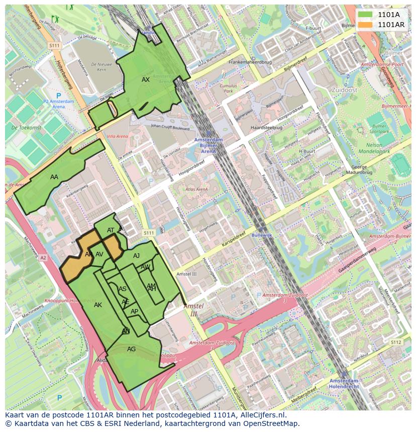Afbeelding van het postcodegebied 1101 AR op de kaart.