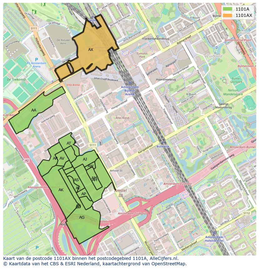 Afbeelding van het postcodegebied 1101 AX op de kaart.