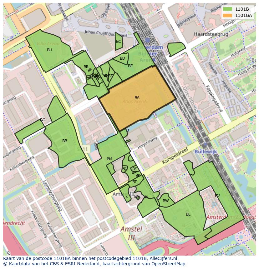Afbeelding van het postcodegebied 1101 BA op de kaart.