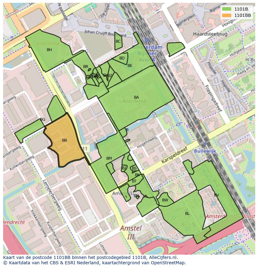 Afbeelding van het postcodegebied 1101 BB op de kaart.