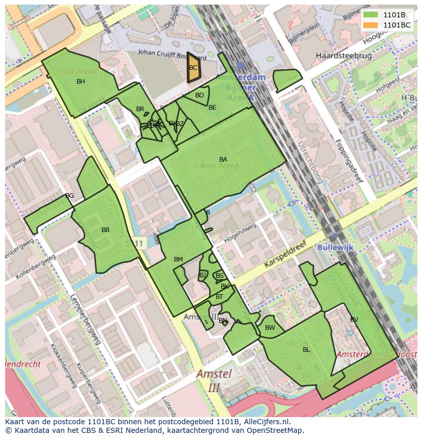 Afbeelding van het postcodegebied 1101 BC op de kaart.